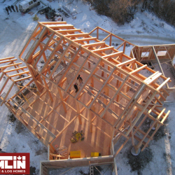Tamlin Timber Frame Homes- overhead view of timber frame structure