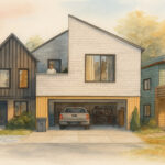 Architectural watercolor illustration of three modern prefabricated homes featuring varied rooflines, natural wood and fiber-cement finishes, and people interacting on porches and balconies in a tree-lined neighborhood.