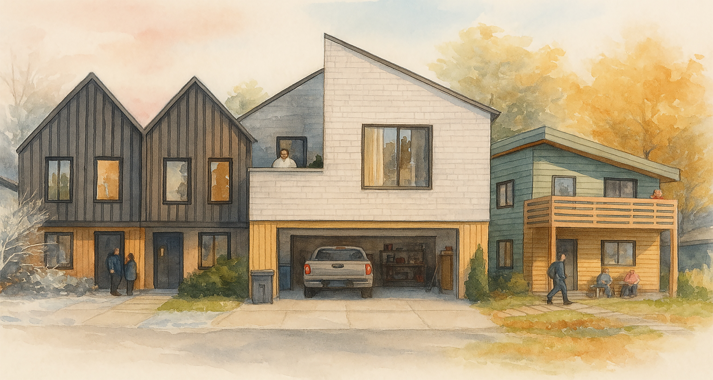 Architectural watercolor illustration of three modern prefabricated homes featuring varied rooflines, natural wood and fiber-cement finishes, and people interacting on porches and balconies in a tree-lined neighborhood.
