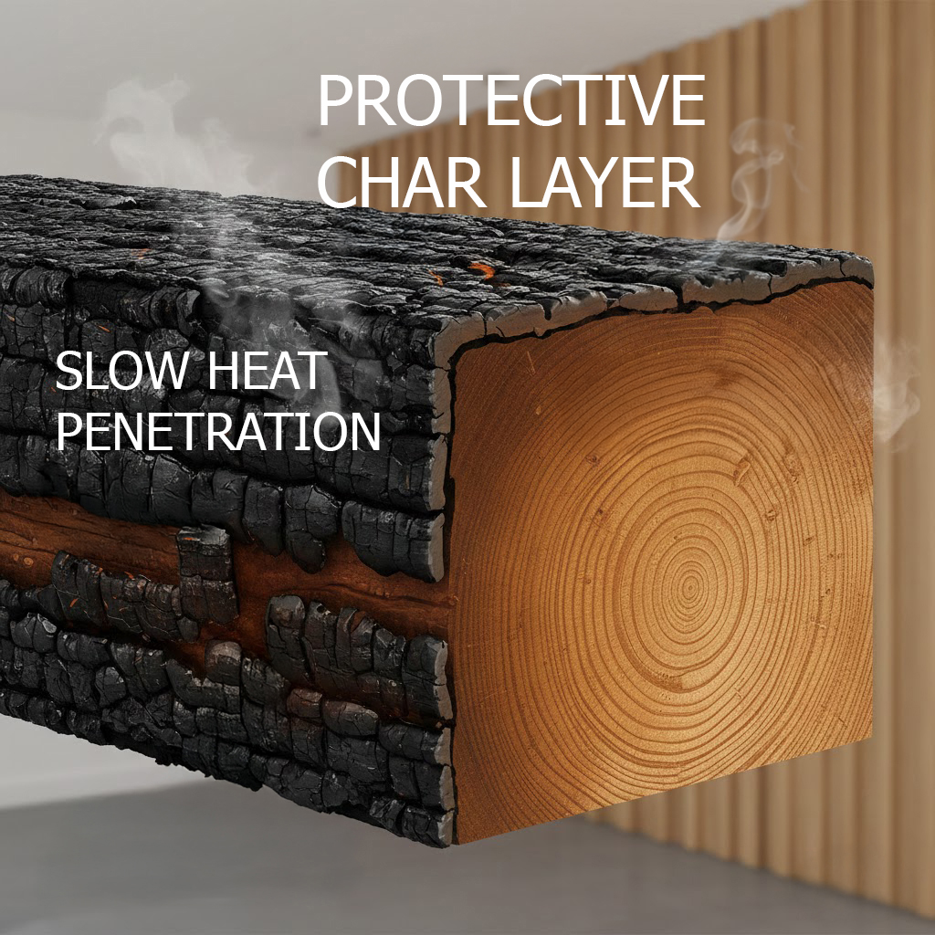 heavy-timber-fire-resistance-char-layer Cross-section diagram of a heavy timber beam showing how a protective char layer forms on the exterior to insulate the structural wood core during a wildfire.