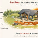 A 3D architectural rendering of a modern home showing 'Zone Zero,' a 5-foot ember-resistant buffer. Labels include non-combustible ground cover, vertical clearance of 10 feet, and ember-resistant vents to protect against wind-blown embers.