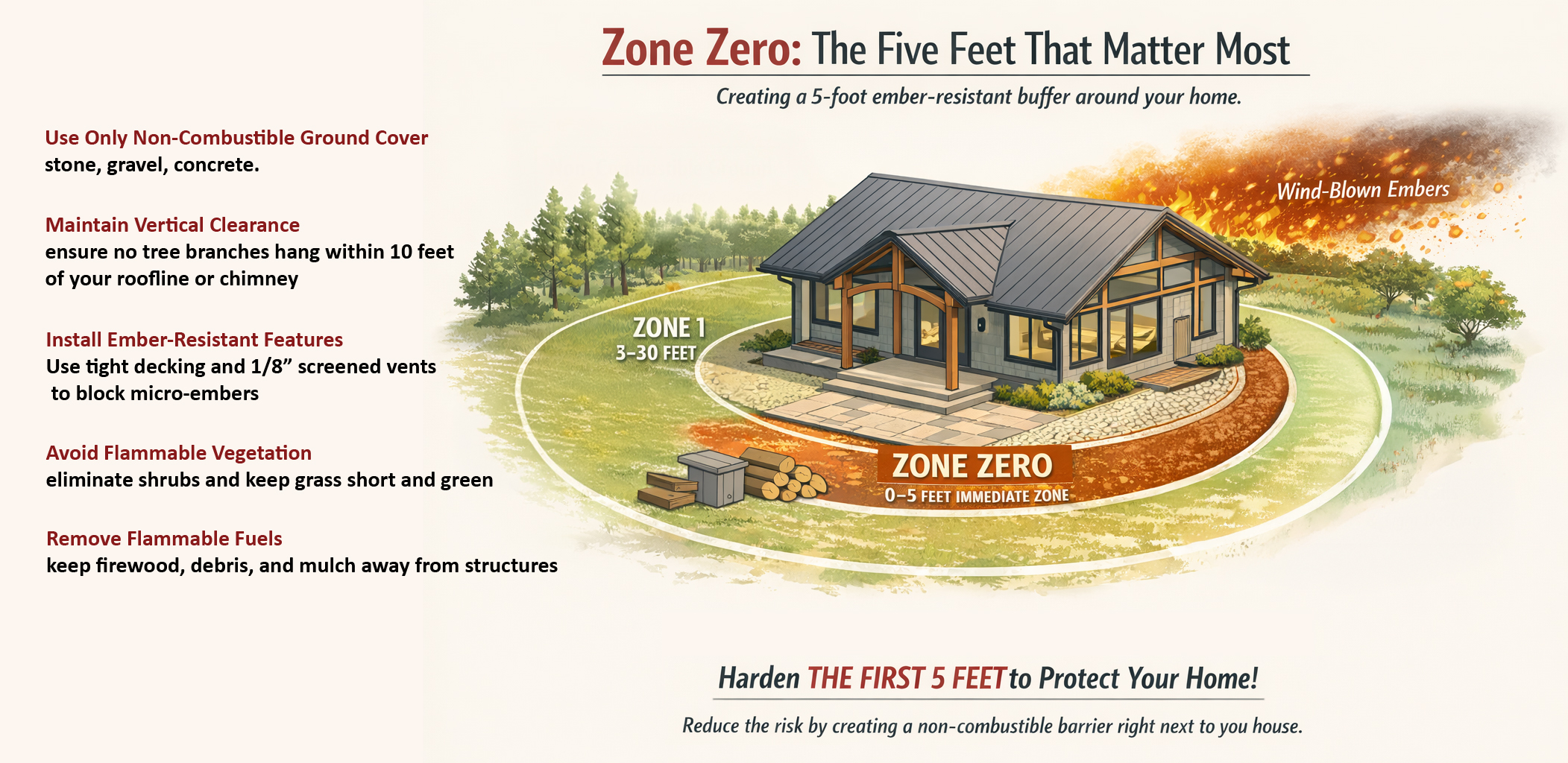 wildfire-safety-zone-zero-5-foot-buffer.jpg A 3D architectural rendering of a modern home showing 'Zone Zero,' a 5-foot ember-resistant buffer. Labels include non-combustible ground cover, vertical clearance of 10 feet, and ember-resistant vents to protect against wind-blown embers.