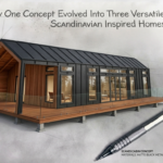 A modern Scandinavian prefab home render emerging from an architectural hand drawing on a drafting table with a professional sketch pen.